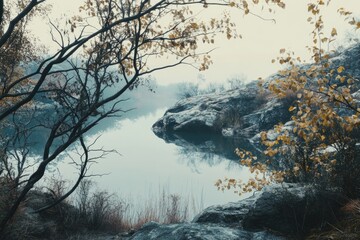 Poster - A serene lake scene with lush greenery and calm waters, ideal for use in travel or outdoor lifestyle content