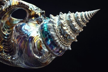 Poster - close-up shot of a sea shell on a black background, suitable for use in coastal-themed designs or as