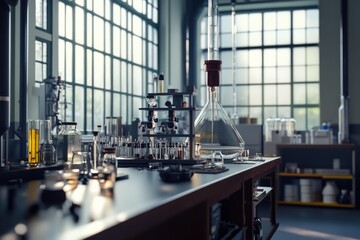 Poster - A table filled with various glassware and laboratory equipment