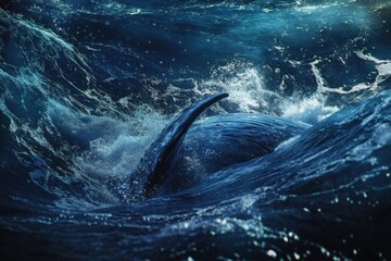 Poster - A blue whale swimming in the midst of a large ocean wave
