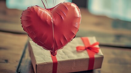 Poster - A red heart shaped balloon sits atop a box, perfect for decoration or gift