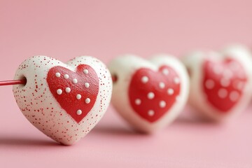 Poster - A row of red and white heart shaped lollipops on a table or counter