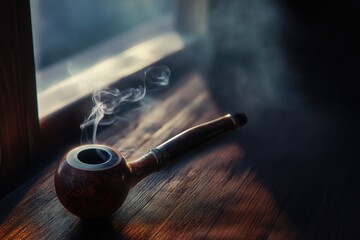 Poster - A pipe sits on top of a wooden table next to a window, providing a cozy and intimate atmosphere