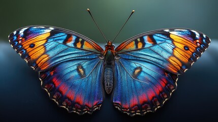 Poster - A vibrant butterfly perched on a table surface