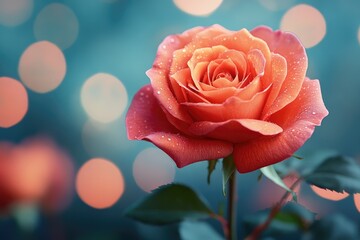 Poster - Close-up of a single orange rose with water droplets glistening on its petals, great for floral or still life photography