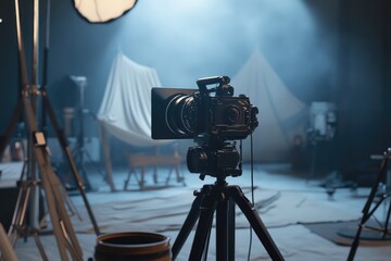 Poster - A camera set up on a tripod in a dimly lit room, ready to capture the scene