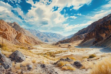 Poster - A serene landscape featuring a valley surrounded by mountains