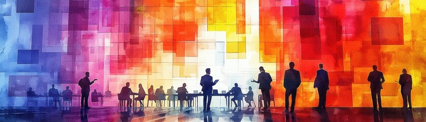 Wall Mural - HR Management Recruitment Process Professionals Collaborate in Colorful Business Environment