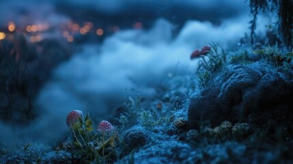 Poster - A group of mushrooms growing on a verdant hillside, great for outdoor and nature-themed projects