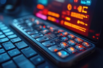 Poster - A detailed view of a keyboard and cell phone, ideal for illustrating technology or work-related concepts