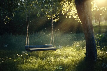 Aufkleber - A colorful tree swing hangs from the branches of a tree in a lush green field, perfect for outdoor relaxation or photography shoots