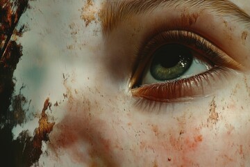 Poster - A close-up shot of a child's eye covered in dirt, perfect for use in illustrations or photographs about childhood, poverty, or environmental issues