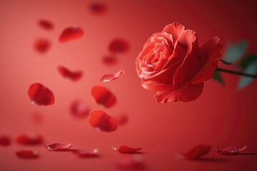 Poster - A beautiful red rose with delicate petals on a vibrant red background, suitable for Valentine's Day or romantic occasions