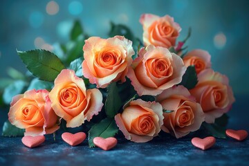 Aufkleber - A bouquet of bright orange roses adorned with hearts on a table, perfect for romantic occasions or wedding decorations