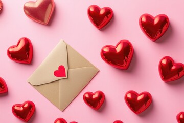 Poster - A romantic postal envelope surrounded by red hearts on a pink background