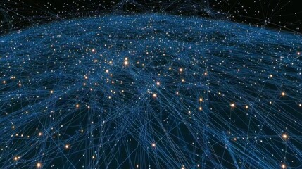 Poster - Connection of technology with digital big data. Abstract visualize of digital data flow on a blue background. Big data transfer. Transfer and storage of data sets, blockchain, servers, and high-speed