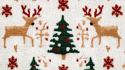 Aufkleber - Close-up view of a knitted fabric featuring deer and tree patterns