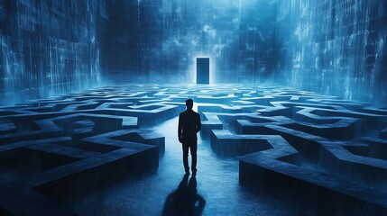 Lone man standing firmly before vast maze of complexity image