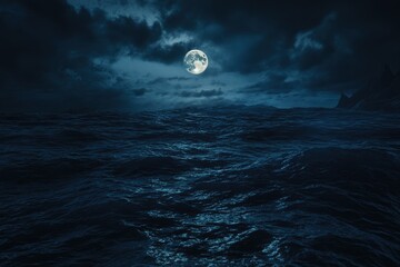 Poster - A full moon shines brightly over the ocean's calm waters, creating a peaceful atmosphere