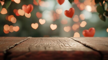 Aufkleber - A wooden table covered with many small red hearts, ideal for romantic occasions or Valentine's Day decorations