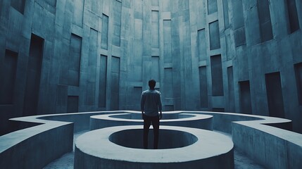 Lone figure standing still before immense maze under bright moonlight picture