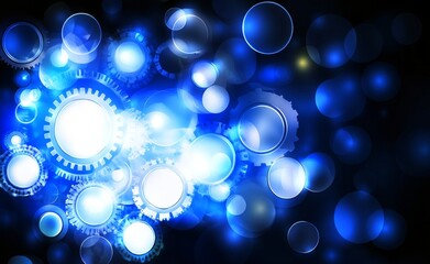 Poster - A contemporary, high-tech gear wheel with arrows on a dark blue, illustrating the sophisticated world of digital technology and telecom engineering.
