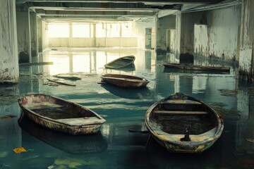 Poster - Three boats floating in a large indoor pool or showroom