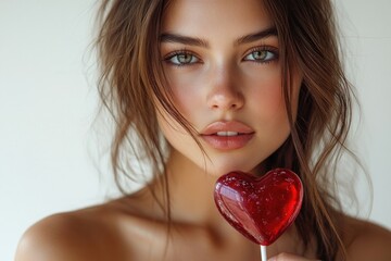 Poster - A woman holds a heart-shaped lollipop in front of her face, perfect for romantic or playful themes