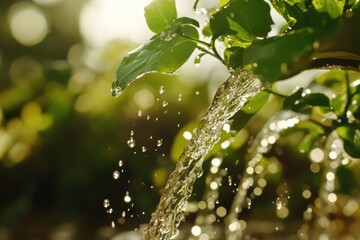 Poster - A close-up shot of a plant receiving water, ideal for use in illustrations about growth, nature, and conservation