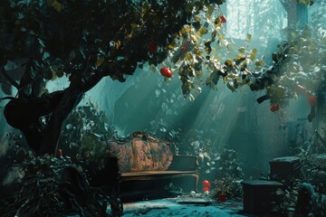 Poster - A wooden bench in a dense forest with trees surrounding it