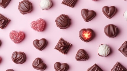 Poster - Assorted chocolates arranged on a pink background, ideal for promoting sweet treats or confectionery products
