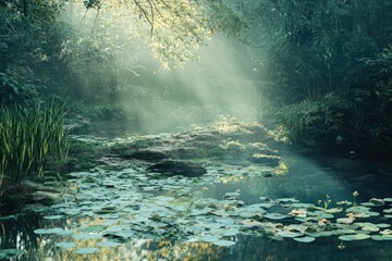 Poster - A serene scene of sunlight shining through trees over a pond filled with lily pads