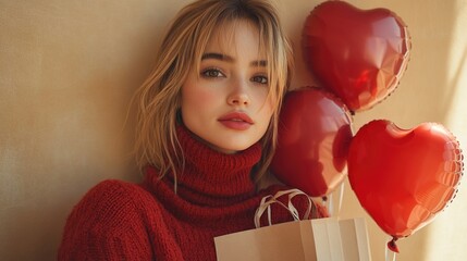 Aufkleber - A woman holds a bouquet of red heart-shaped balloons, symbolizing love and affection