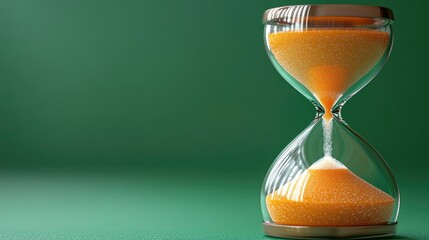 Aufkleber - An hourglass with orange sand on a green background, ideal for time-related and design concepts