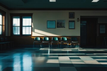 Poster - A modern meeting room with a checkered floor and rows of chairs, ideal for corporate events or presentations