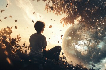 Poster - A person sits on a hill, contemplating the beauty of a distant planet