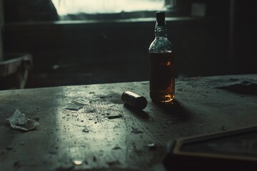 Poster - A bottle of alcohol sits on a wooden table, ready for use