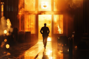 Aufkleber - A person walking down a hallway towards a building