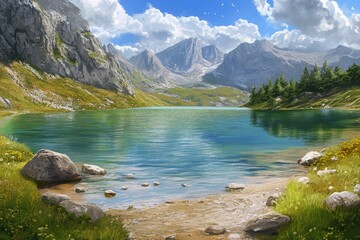 Poster - A serene mountain lake scene with surrounding mountains