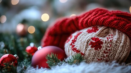Poster - Close-up of a hand-knitted hat adorned with colorful ornaments