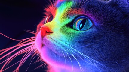 Poster - Close-up of a cat's face against a colorful rainbow background, suitable for illustrations, designs, and creative projects