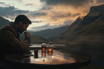 Poster - A person sits at a table with a bottle of whiskey, possibly enjoying a moment of solitude or relaxation