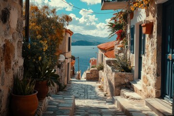 Poster - A quiet urban street with greenery on both sides, ideal for use in images of calm atmosphere, everyday life, or architecture