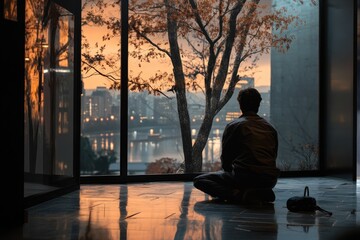 Aufkleber - A man sitting on the floor in front of a window, contemplating life