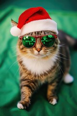 Poster - A feline friend dressed up for the holiday season with a Santa hat and sunglasses