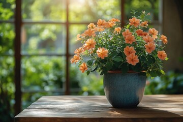 Fototapete - A small potted plant sits on a table in front of a sunny window