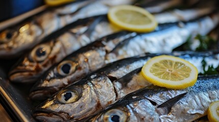 Wall Mural - A close-up shot of a tray containing fish with lemon slices