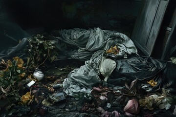 Poster - A pile of garbage on the floor, suitable for illustrations about waste management or environmental issues