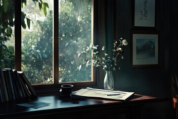 Aufkleber - A simple desk setup with a vase of flowers and a book, great for offices or personal spaces