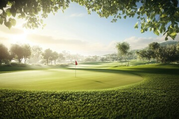 Poster - A picturesque golf course scene featuring a red flag on the green, perfect for use in sports or leisure-themed projects
